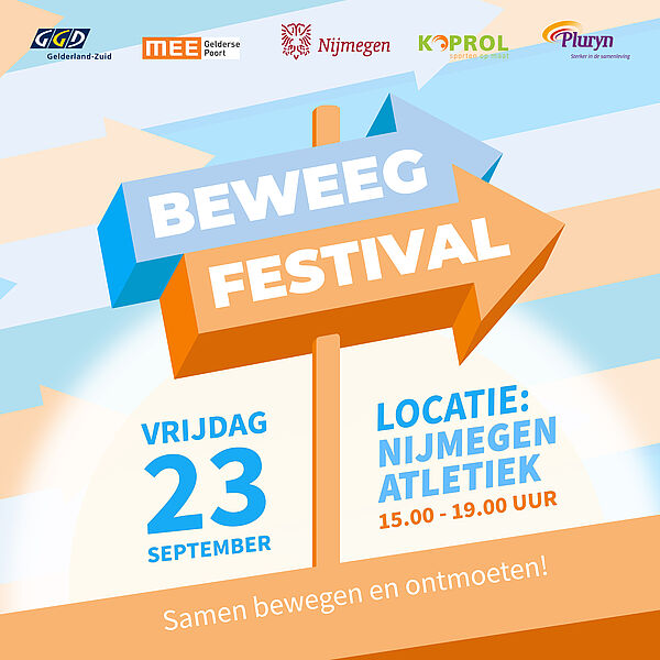  Affiche beweegfestival met de logo’s van de partners: GGD Gelderland-Zuid, MEE Gelderse Poort, Gemeente Nijmegen, Koprol sporten op maat en Pluryn Sterker in de samenleving